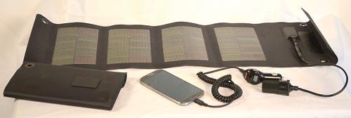Fold-up 12-watt solar charger is the perfect size to charge cell phones and smaller electronic devices