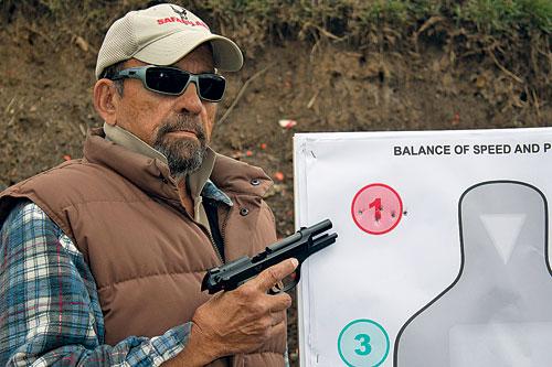Capability of accurate shooting will be critical in such a situation. Here, fast brain-shot-size groups are practiced from 15 yards with Wilson Combat Beretta Compact Carry 9mm pistol.