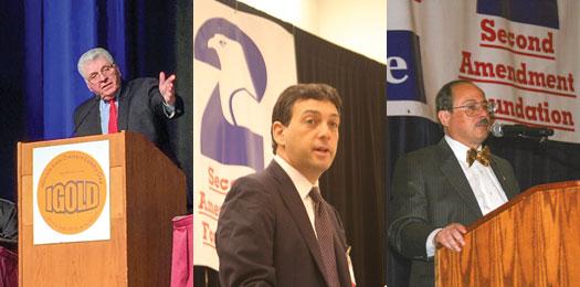 For the most part, the gun owners' civil rights side is winning at the state level. Left: Here, Rich Pearson, president of Illinois State Rifle Association, discusses recent advances at IGOLD, Illinois Gun Owners' Legislative Day, 2016. Middle: Alan Gura, the attorney who won "Second Amendment is an individual right" decisions from SCOTUS in landmark Heller v. DC and McDonald, et al v. Chicago cases. Right: Alan Gottlieb, head of the Second Amendment Foundation, which has financed many key court victories for gun owners' civil rights.