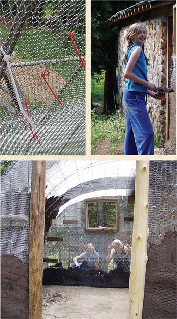 Using plastic zip ties made it much easier to attach the dense mesh to the frame. Of course, we cut off the long tails before plastering. The plastering was hard work, but the kids especially loved to help.