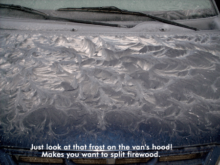 Frost on the hood of the van.