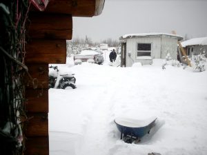 David shoveling a trail to the truck and generator shed