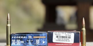A Box and a cartridge of each, 30-06 and .308 ammunition