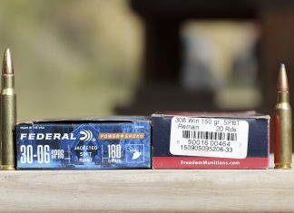 A Box and a cartridge of each, 30-06 and .308 ammunition