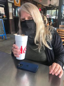 Gail Pepin Wearing A SCOTTeMASK and Maddie Cardigan