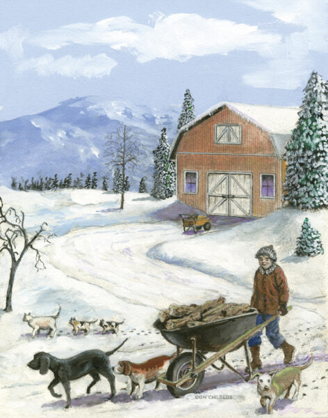 Art Print: Bringing in Firewood With Friends - 11x14 in