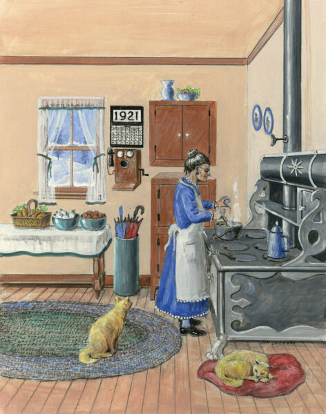 Art Print: Grandma Making Soup With Her Kitties - 11x14 in