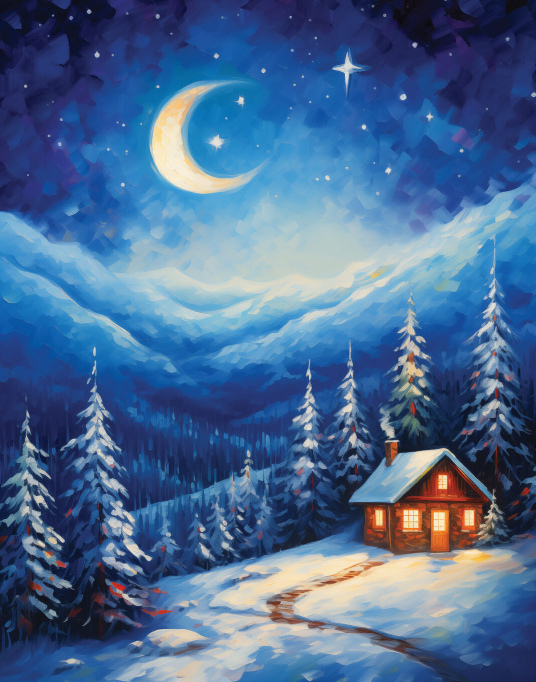 Art Print Winter Cabin Night 11×14 in Backwoods Home Magazine