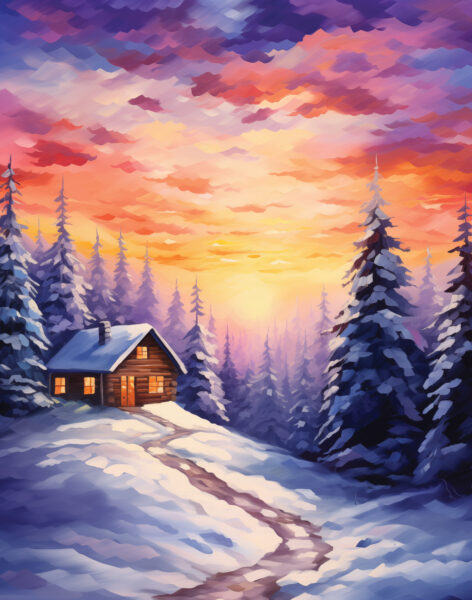 Art Print: Winter Cabin Sunset - 11x14 in